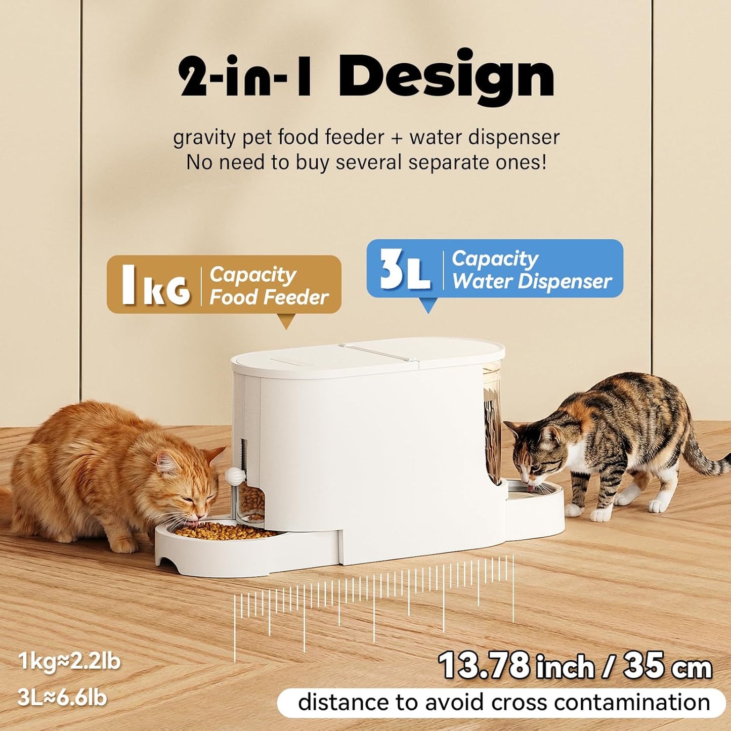 Automatic Cat Feeder 2-in-1 Set, Gravity Cat Food Feeder and Water Dispenser, Dog Feeding & Watering Supply with Stailess Steel Bowls, Large Capacity Low Noise, White