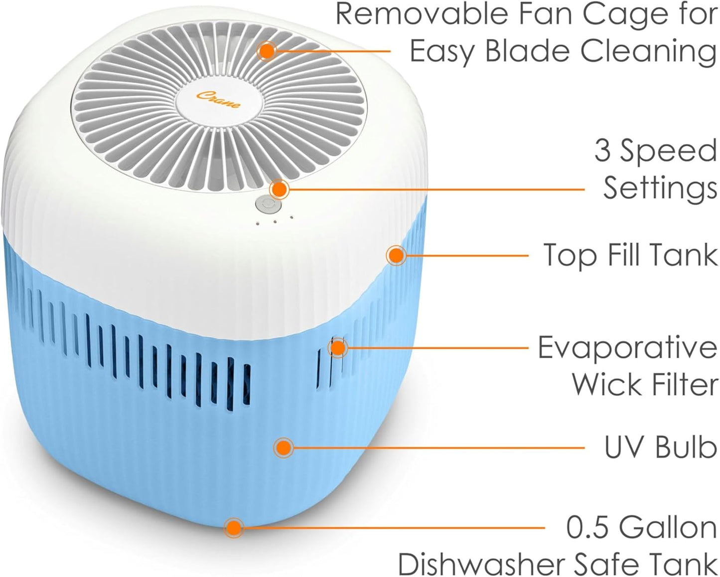 Crane Evaporative Humidifier With Wick Filter, Dishwasher Safe Tank, UV Light, Invisible Mist Evaporative Humidifiers for Bedroom, Nursery, Office, Easy Clean Humidifier 3.8L Tank, Up To 250 SQ FT