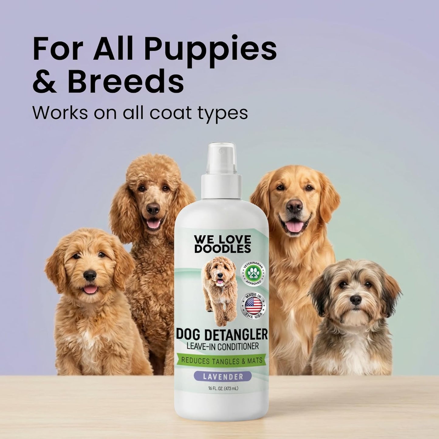 We Love Doodles Dog Detangler Spray - Leave-in Conditioner for Dogs - Dog Detangling Spray - Dematting Spray for Dogs - Tangle Remover - Made in The USA (Lavender)
