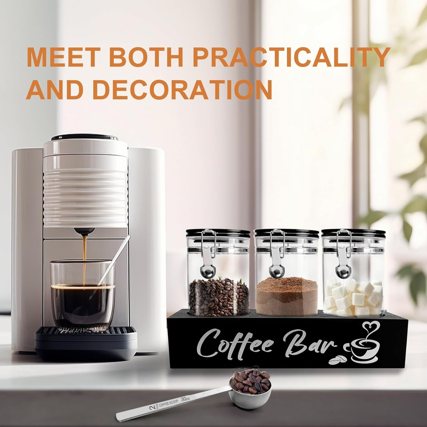 Glass Coffee Containers with Shelf Coffee Station Organizer 54oz Black Glass Coffees Bean Storage Canister with Spoon Coffee Canister Set Kitchen Food Storage Jars for Coffee/Sugar/Candy