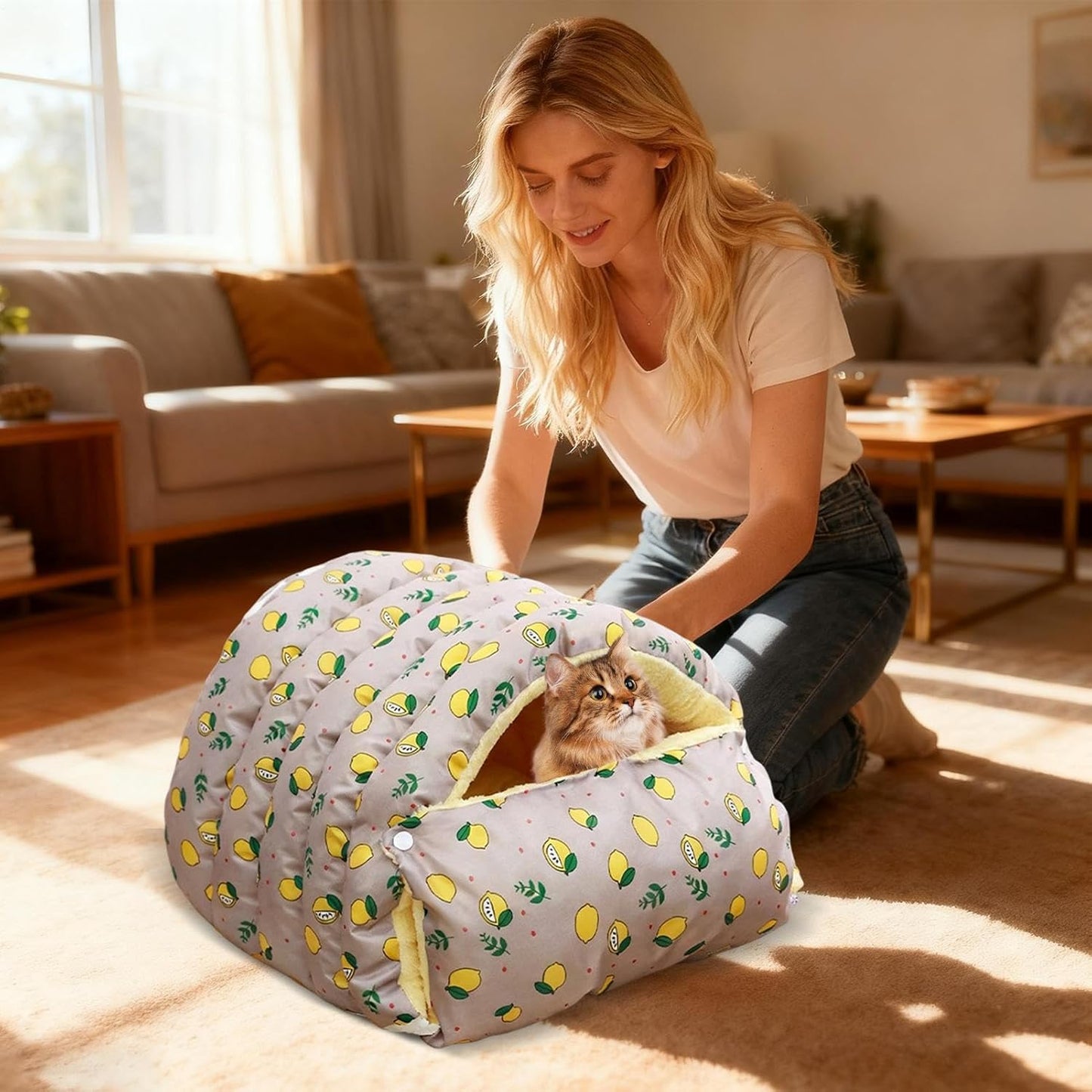 Warm Cat Bed for Winter, Washable Sleeping Cave, Semi-Enclosed Removable Cat Nest Bed, Plush Material with Soft Cushion, Pet Accessory with Design, for Small Dog Puppy Kitten Home Outdoor