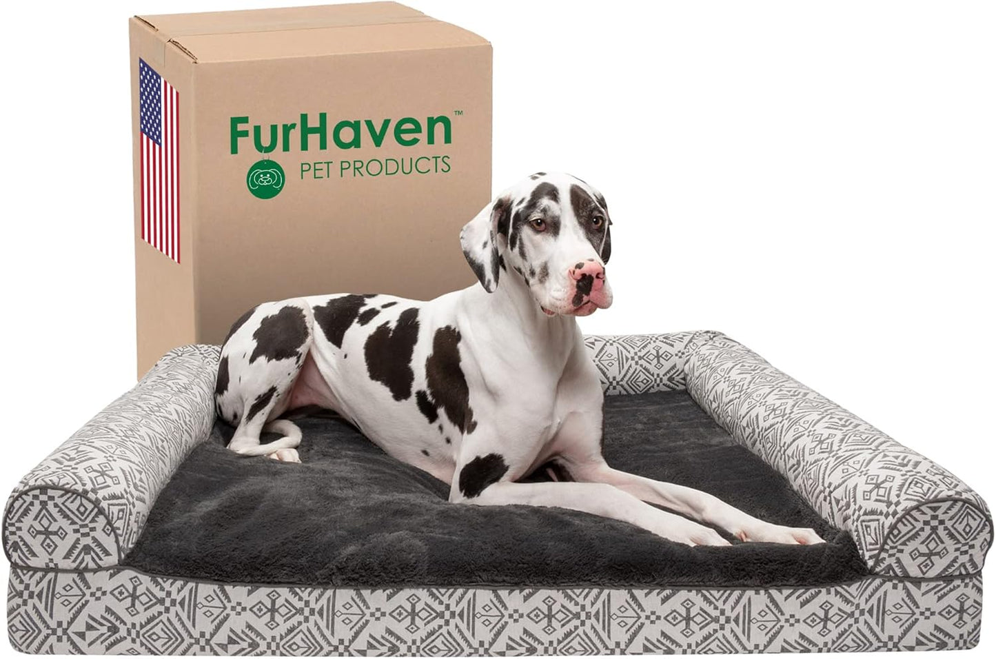 Furhaven Cooling Gel Dog Bed for Large Dogs w/ Removable Bolsters & Washable Cover, For Dogs Up to 125 lbs - Plush & Southwest Kilim Woven Decor Sofa - Boulder Gray, Jumbo Plus/XXL