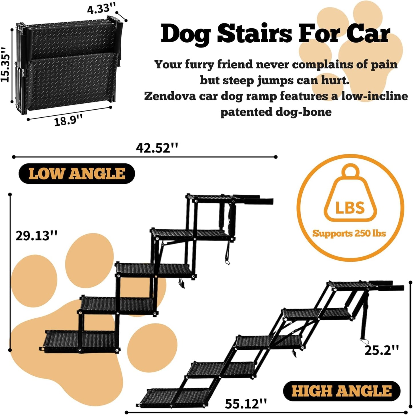 Extra Wide Dog Stairs for Car - Foldable 5-Step Non-Slip Pet Stairs for Home, Lightweight Dog Steps for Senior & Large Dogs to SUV, Truck, Bed - Supports 250 lbs