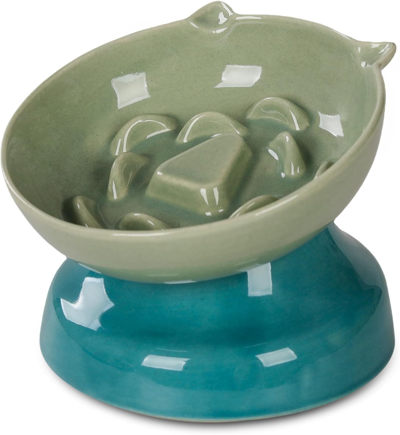 Slow Feeder Cat Bowl, Ceramic Cat Slow Feeder,Elevated Anti Vomiting Whisker Friendly Tilted Design,for Dry and Wet Food,Dishwasher Safe (Green)