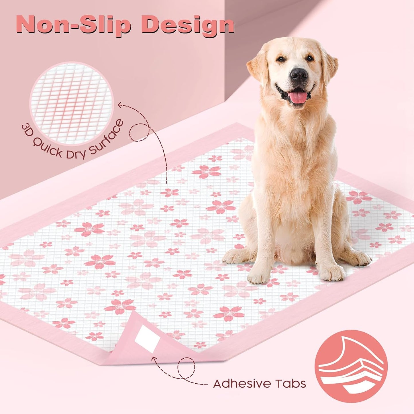 MIZOK Dog Pee Pads Extra Large 28"x34", Potty Pads for Big Dog Breeds, Super Absorbent & Leak-Proof, Pink Cherry Blossom Prints, Thick & Heavy, 4 Adhesive Tabs, XL (40 Counts)