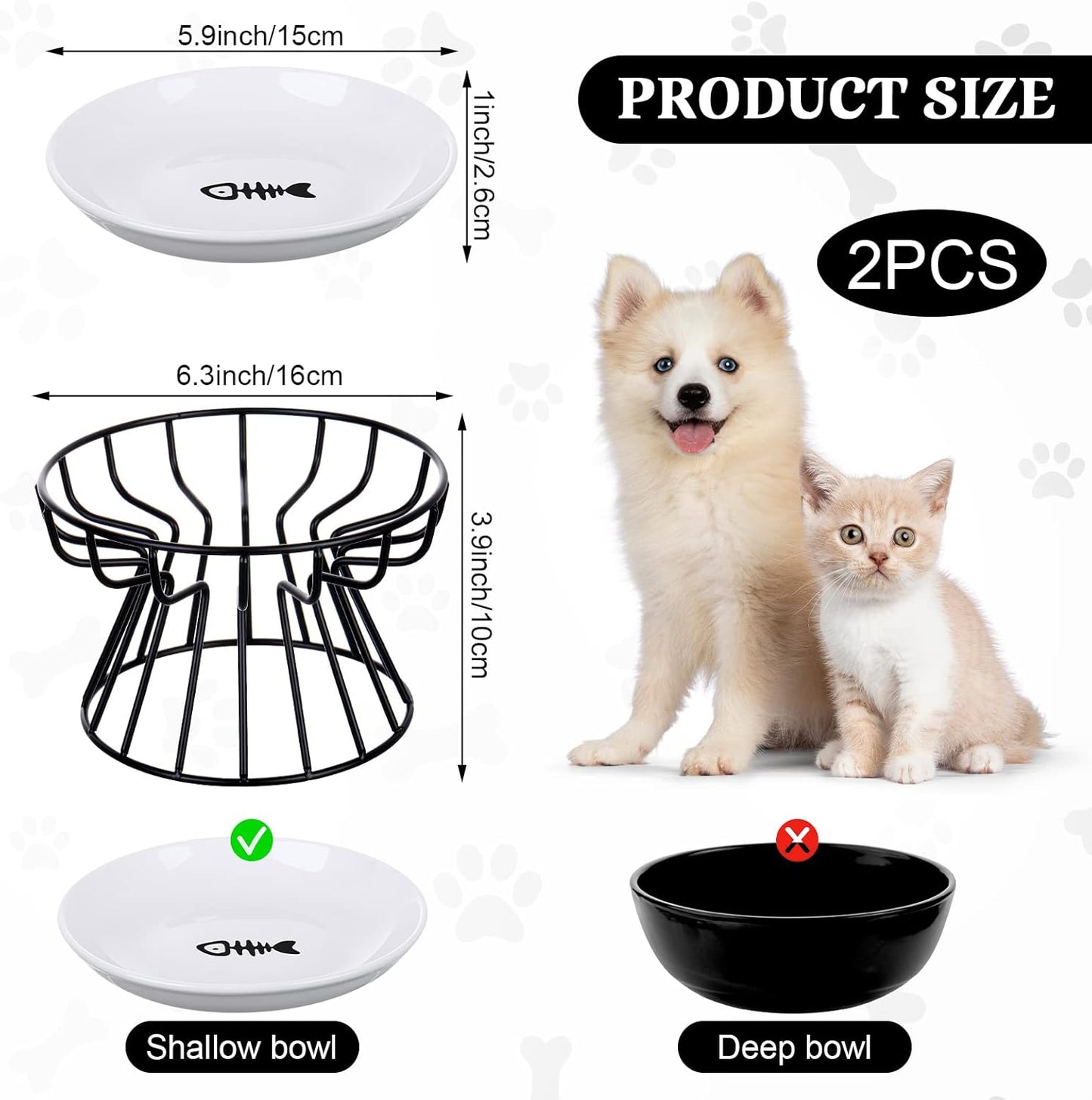 Rtteri 2 Pcs Elevated Cat Plate Set Anti Vomit Cat Bowls with Metal Stand, Shallow Ceramic Raised Feeding Station(Black)