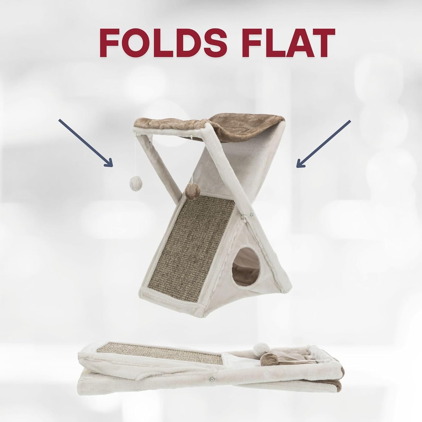 TRIXIE Miguel Fold and Store Cat Hammock, Indoor Cat Furniture with Dangling Toys, Scratching Pad, and Cave, Taupe/Light Gray