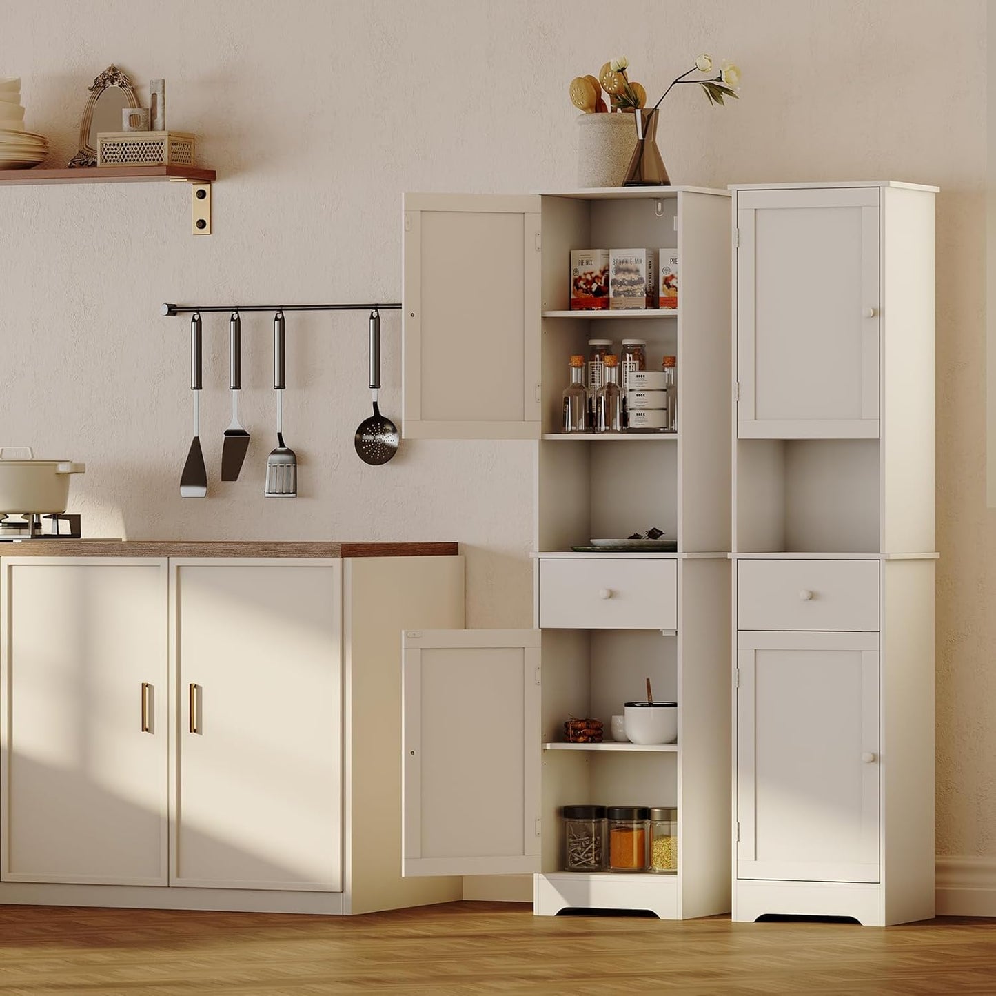 Tall Bathroom Cabinet, Storage Cabinet with 2 Doors & 2Drawer, with Ajustable Shelve, for Bathrooms, Kitchens,Entrances,Bedrooms（White）