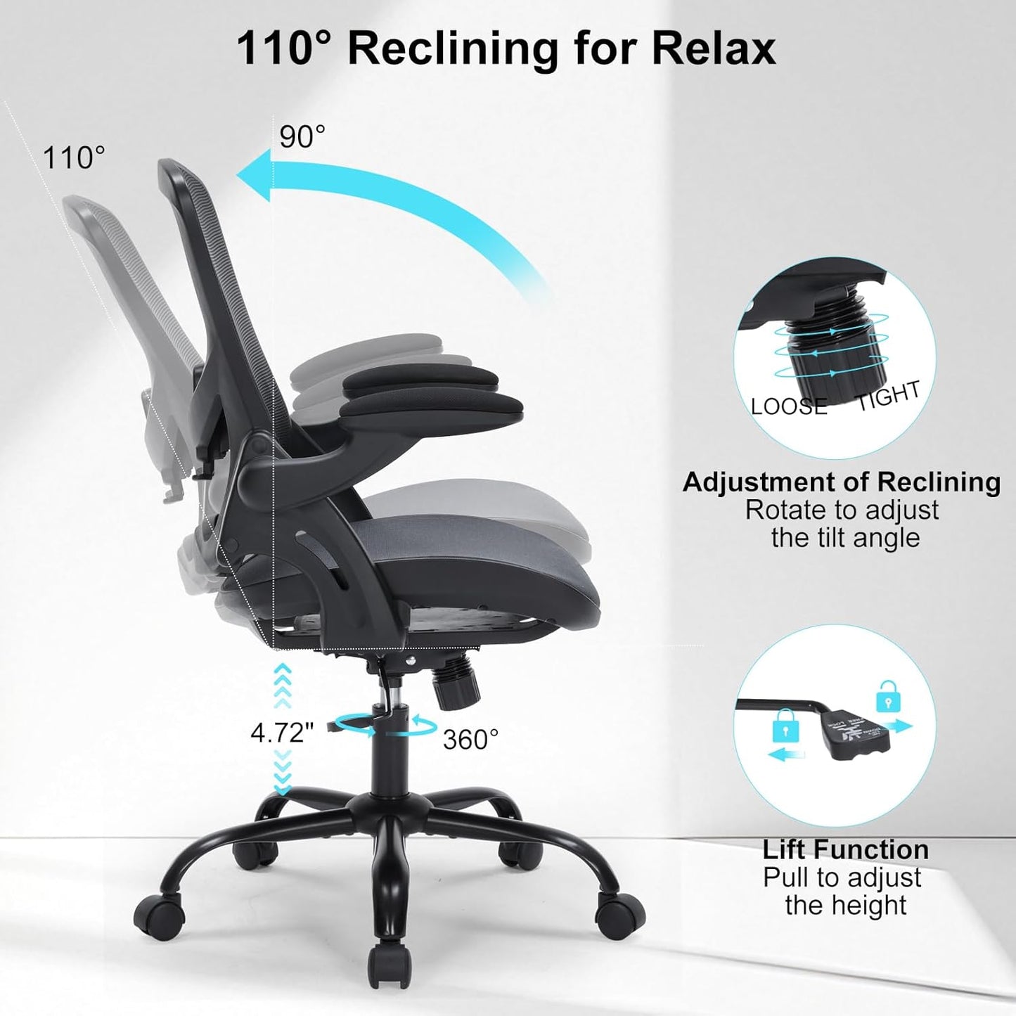 Office Chair, Ergonomic Desk Chair with Adjustable Lumbar Support, Comfy Breathable Mesh Chair with Wheels and Flip-Up Armrests, Executive Chairs for Home Office Comfortable Chair with Rolling Swivel