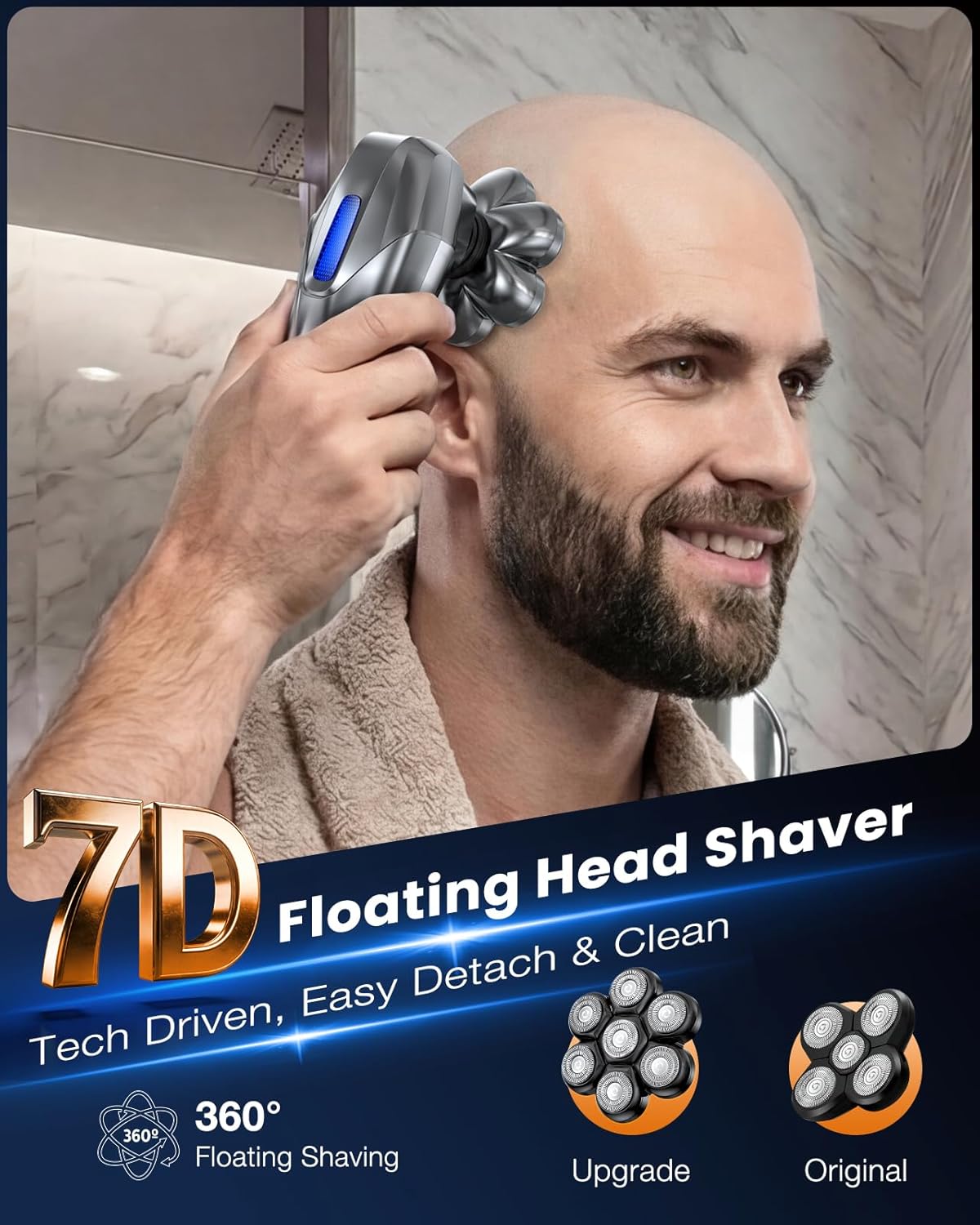 Head Shavers for Bald Men, 5-in-1 Electric Shaver Grooming Kit, 7D Floating IPX7 Waterproof Rechargeable Wet/Dry Razor for Skull Bald Head, Body Hair, with Massager, Gray