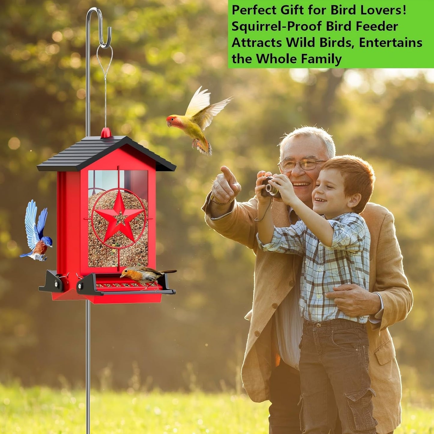 Squirrel Proof Bird Feeders for Outdoors With Weight-Activated, Metal 5LB Large Wild Bird Feeders for Cardinals,Blue jay,Finch, Weatherproof Durable Hanging Bird Feeder for Backyard,Garden,Patio - Red