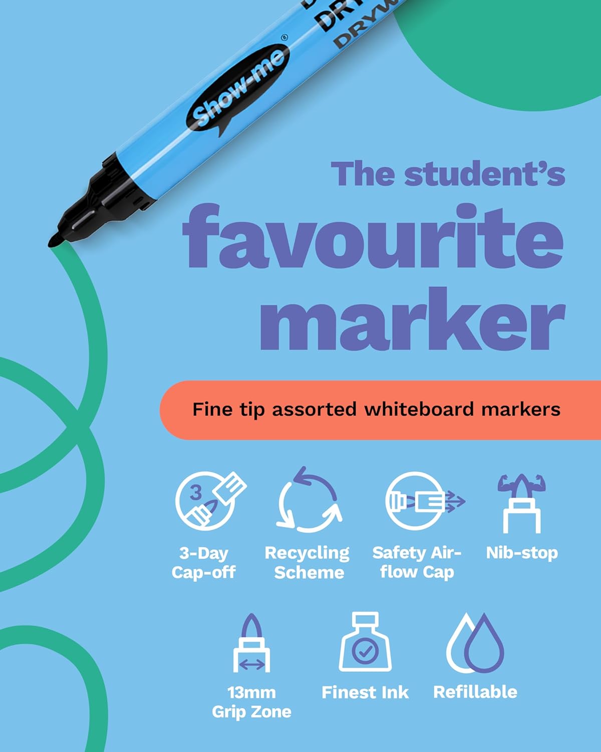 SHOW-ME Box 10 Fine Tip Slim Barrel Dry Erase Markers - Assorted Colours (FPSDP10A)