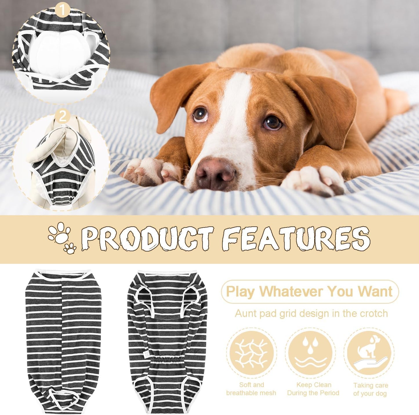 Etdane Dog Diapers Sanitary Panties Physiological Period Shirts Surgical Recovery Suits for Male and Female Dogs White Stripe Small