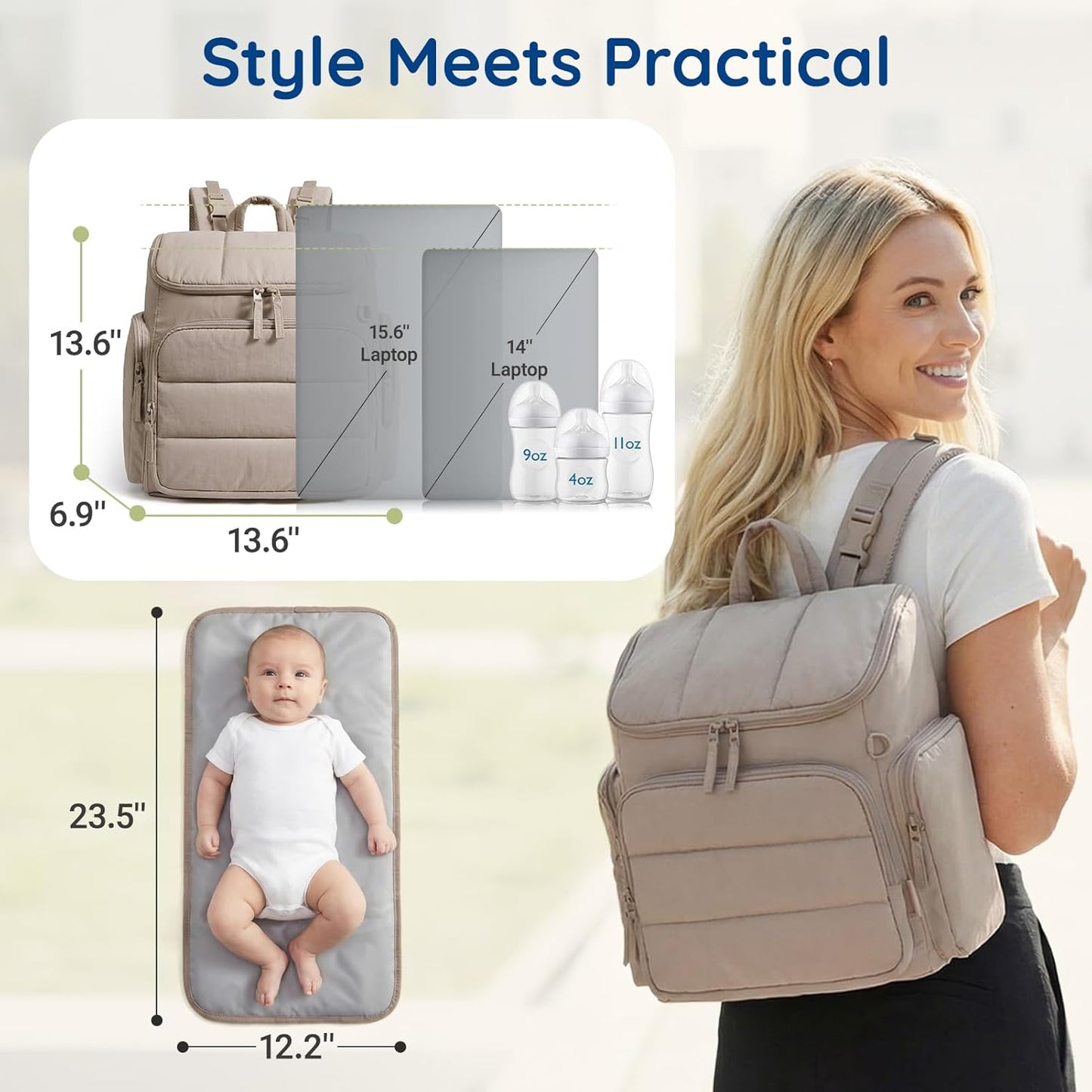 mommore Diaper Bag Backpack, Baby Bag with Waterproof Changing Pad and Stroller Straps for Toddler, Diaper Backpack for Mom Dads with Insulated Pockets & Pacifier Case, Baby Essential, Brown