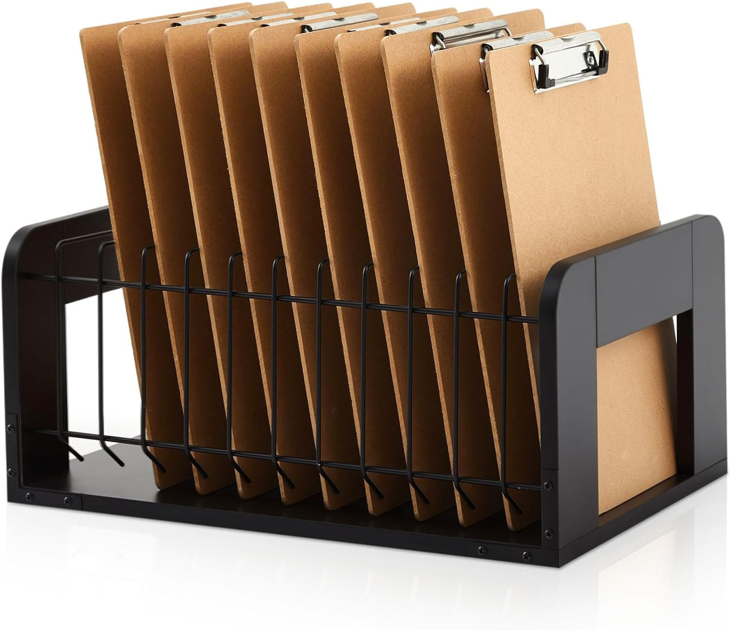 Yookeer 1 Pcs Vertical Clipboard Holder, Desk File Organizer Storage Rack, 12 Slot Wooden and Metal Clipboard Organizer, Storage Stand Rack for Home, Office, No Assembly Required (Black)