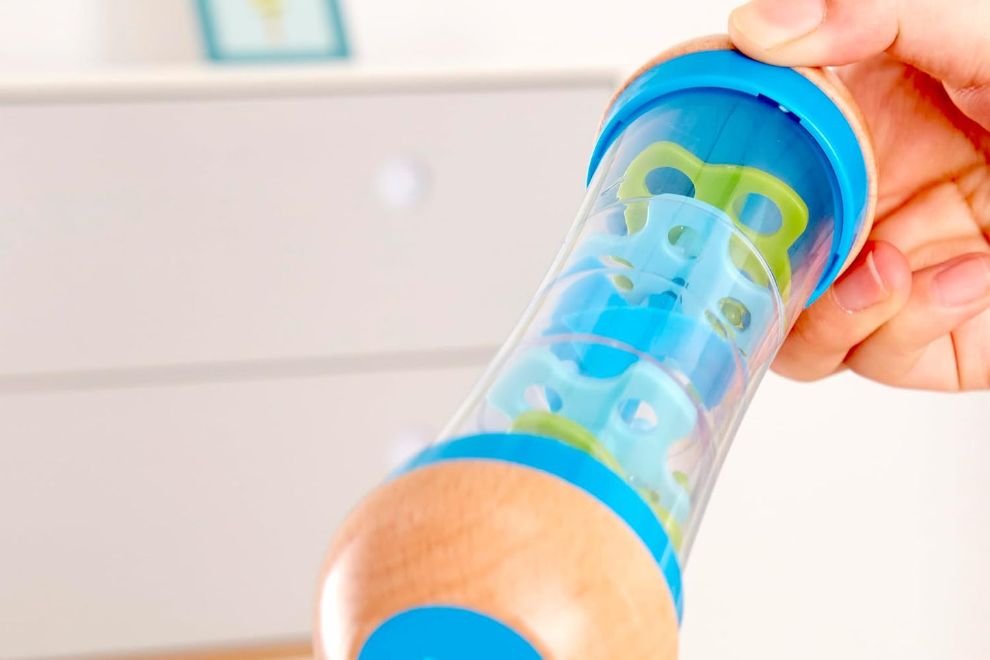 Hape Beaded Raindrops | Mini Wooden Musical Shake & Rattle Rainmaker Toy, Blue, Model Number: E0328B