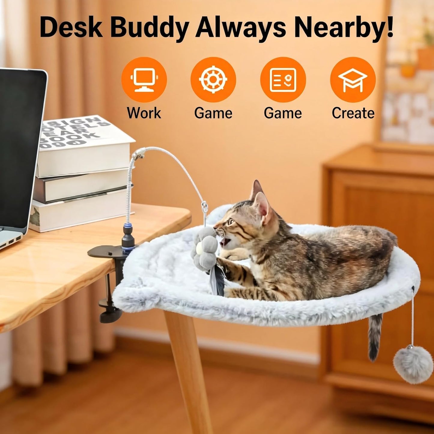 Plush Round Desk Mounted Cat Bed with Interactive Toys – Clamp-On Cat Hammock for Desk, Adjustable Elevated Cat Bed for Desk Supports up to 25 lbs.