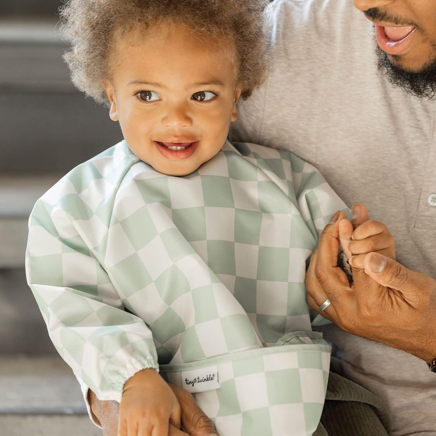 Tiny Twinkle Long Sleeve Bib for Babies & Toddlers | 2-Pack Waterproof Smock Bib for Eating | Machine Washable & Mess-Proof Feeding Essentials | Newborn Shower Gift (Black,Sage Checkers, 6-24M)