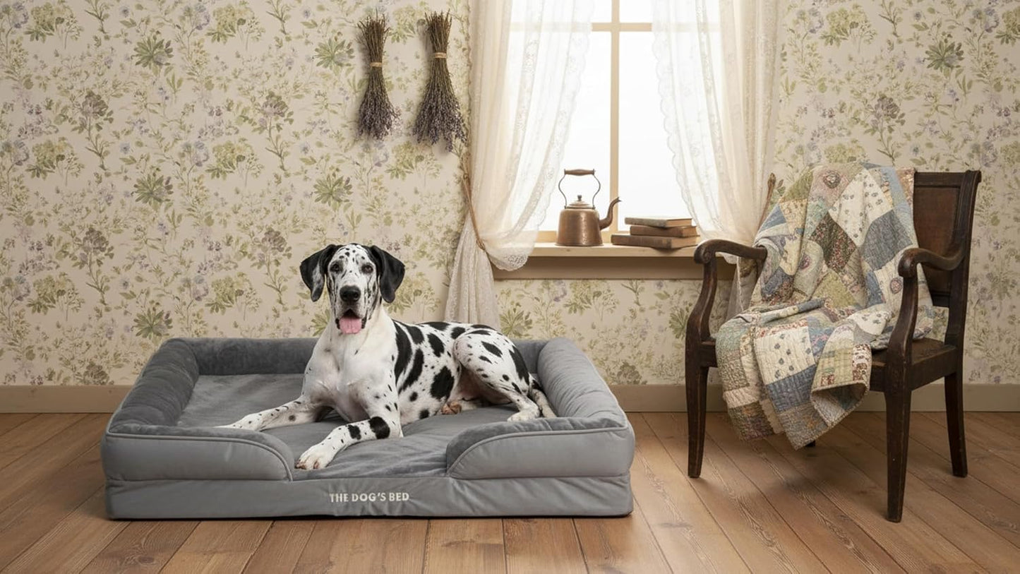The Dog’s Bed Standard Support Dog Bed with Bolsters, Egg Crate Foam Mattress, Removable Waterproof Liner, Washable Cover with Sewn-in Bolsters, Non-Slip Base – XXL, Silver Grey Plush