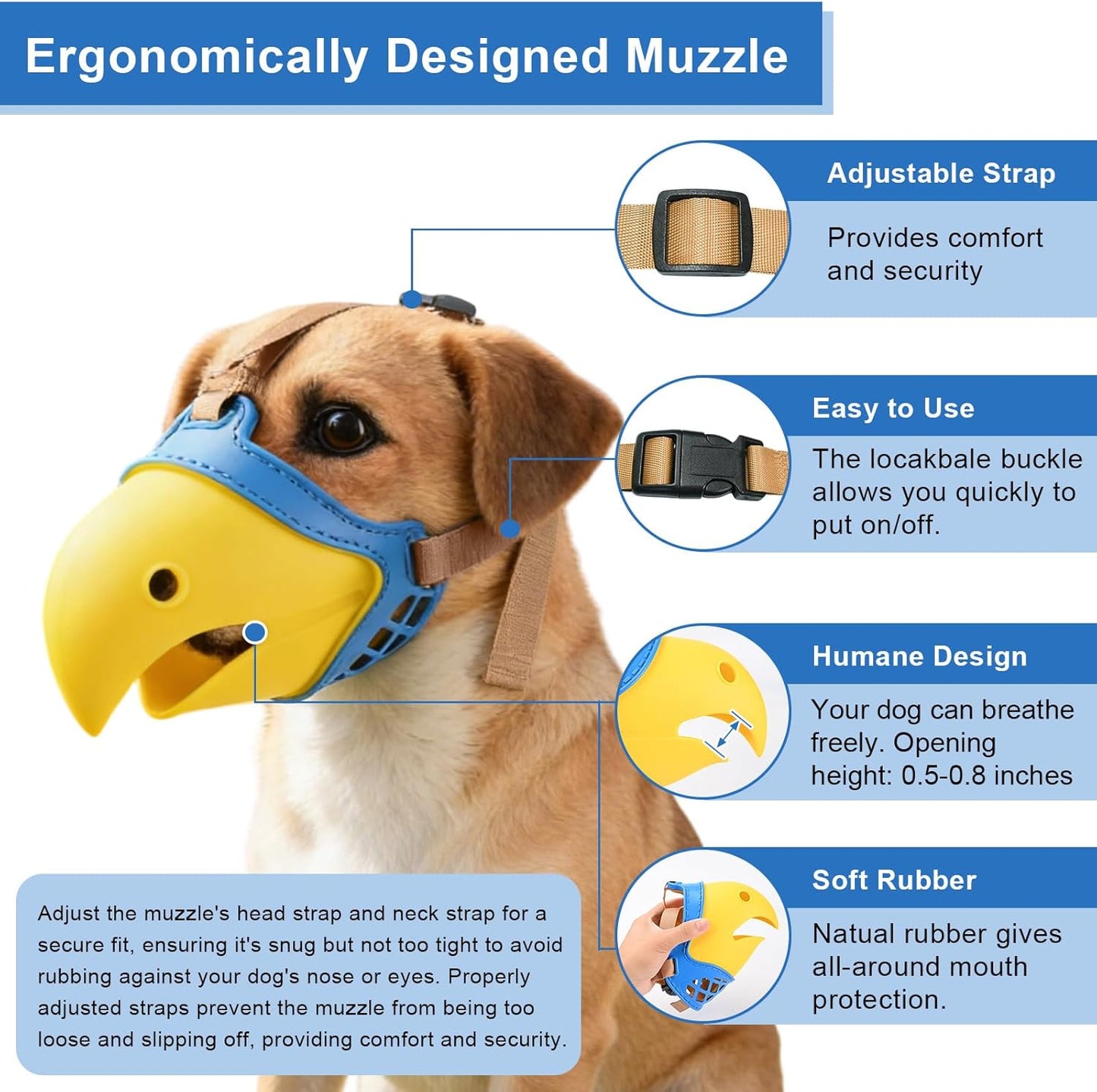 Dog Muzzle for Large & Medium Sized Dogs, Bite Proof & Anti Licking - Soft TPR Safety Muzzle with Adjustable Hawk-Beak Design for Walking, Grooming, Vet Visits, Gentle and Breathable