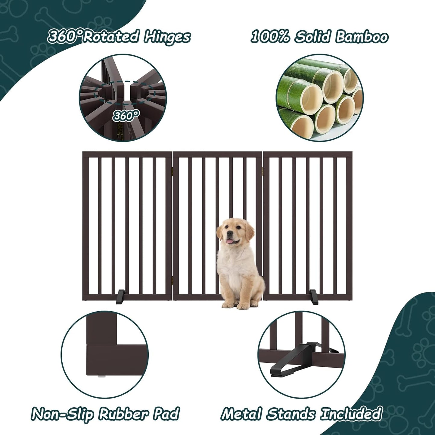 높이 81.3cm(32인치) 엑스트라 톨 프리 스탠딩 반려견 게이트, 금속 스탠드 2개가 있는 3패널 대나무 반려동물 게이트, 360° 경첩이 있는 실내 독립형 게이트, 계단, 출입구용 접이식 반려동물 장벽, 너비 139.7cm(55인치) x 높이 81.3cm(32인치) - 에스프레소