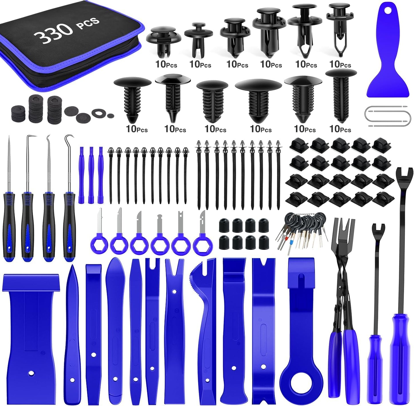 GOOACC 330Pcs Trim Removal Tool, Auto Push Pin Bumper Retainer Clip Set Fastener Terminal Remover Tool Adhesive Cable Clips Pry Kit Car Panel Radio Removal Auto Clip Pliers, Blue