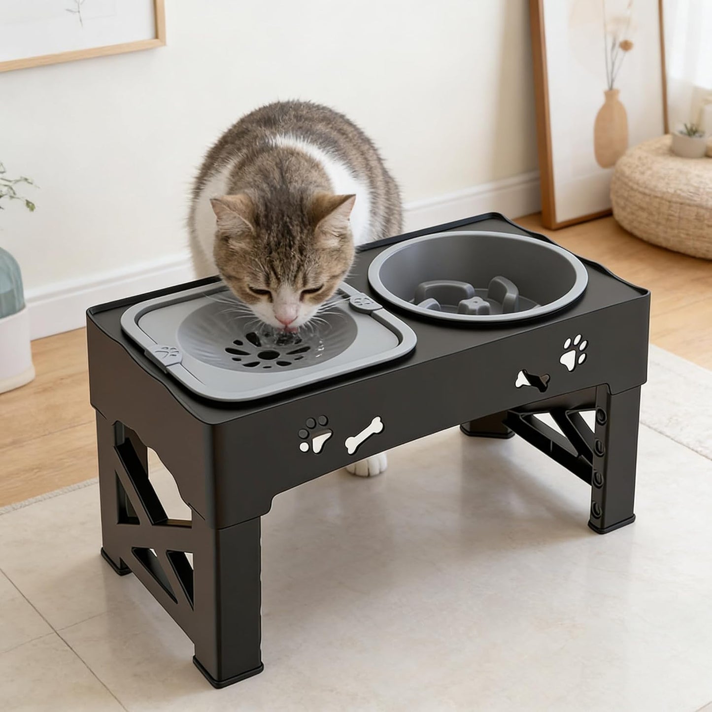 Kaiyue 2-in-1 Elevated Slow Feeder Dog Bowls Stand with No Spill Water Bowl, 5 Height Adjustable Raised Dog Bowls ，Non-Skid Pet Food Feeding Set for Small to Large Dogs
