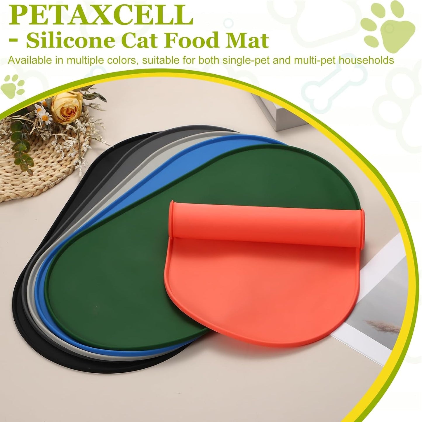 Cat Food Mat, 18x10 Inch Silicone Pet Feeding Mat Non-Slip Oval Waterproof Dog Water Bowl Tray Raised Edge Protects Floors (Orange), Intended for Pets Bowl/Fountain