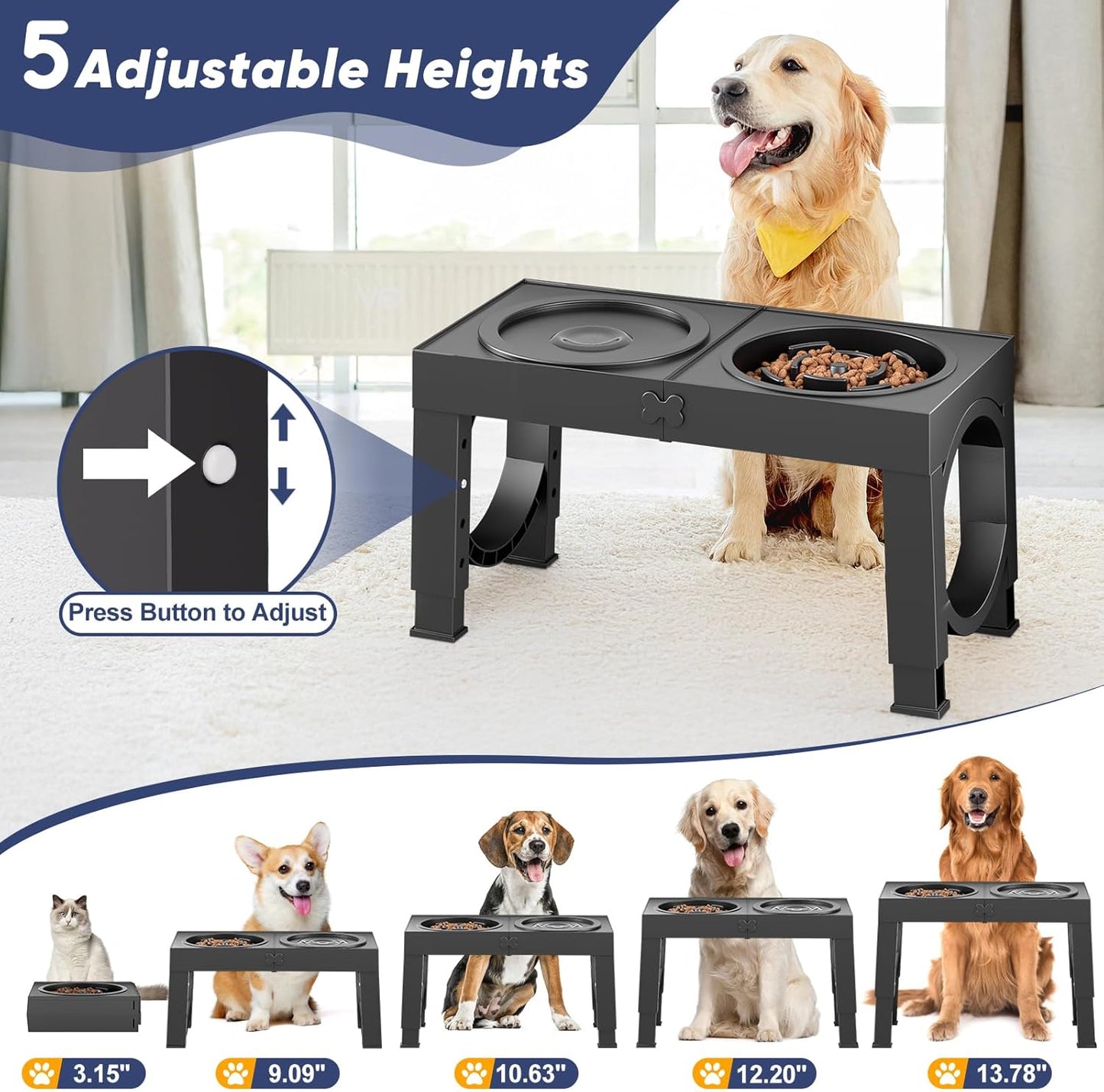 XIAZ Slow Feeder Dog Bowl Stand - Elevated Dog Food and Water Bowl Set for Large Medium Sized, 5 Heights Adjustable, Non-Slip, Durable, Prevents Bloating & Improves Digestion Blue