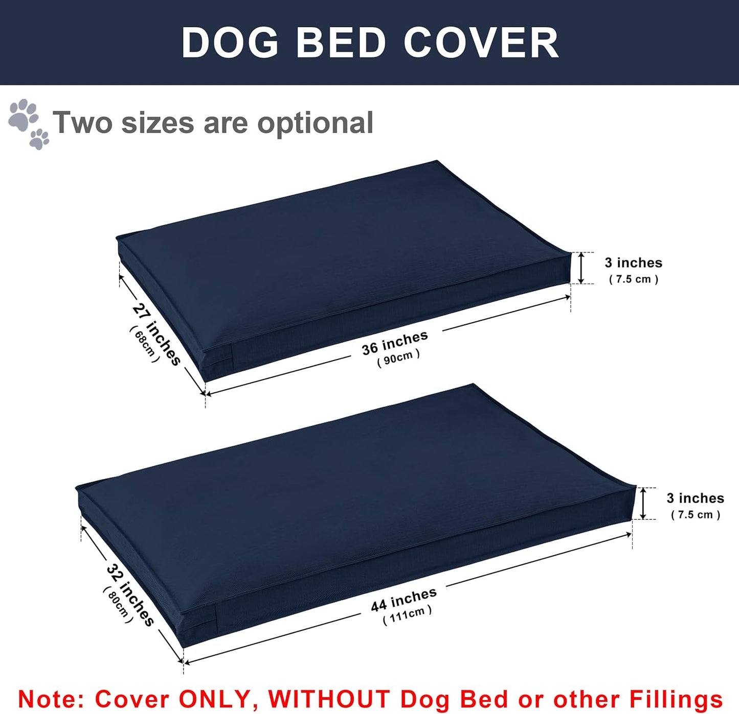 Dog Bed Covers Replacement Washable, Waterproof Dog Bed Cover with Zipper, 44Lx32Wx3H inch Durable Oxford Pet Bed Cover for Outdoor/Indoor Use, Cover Only, Navy Blue