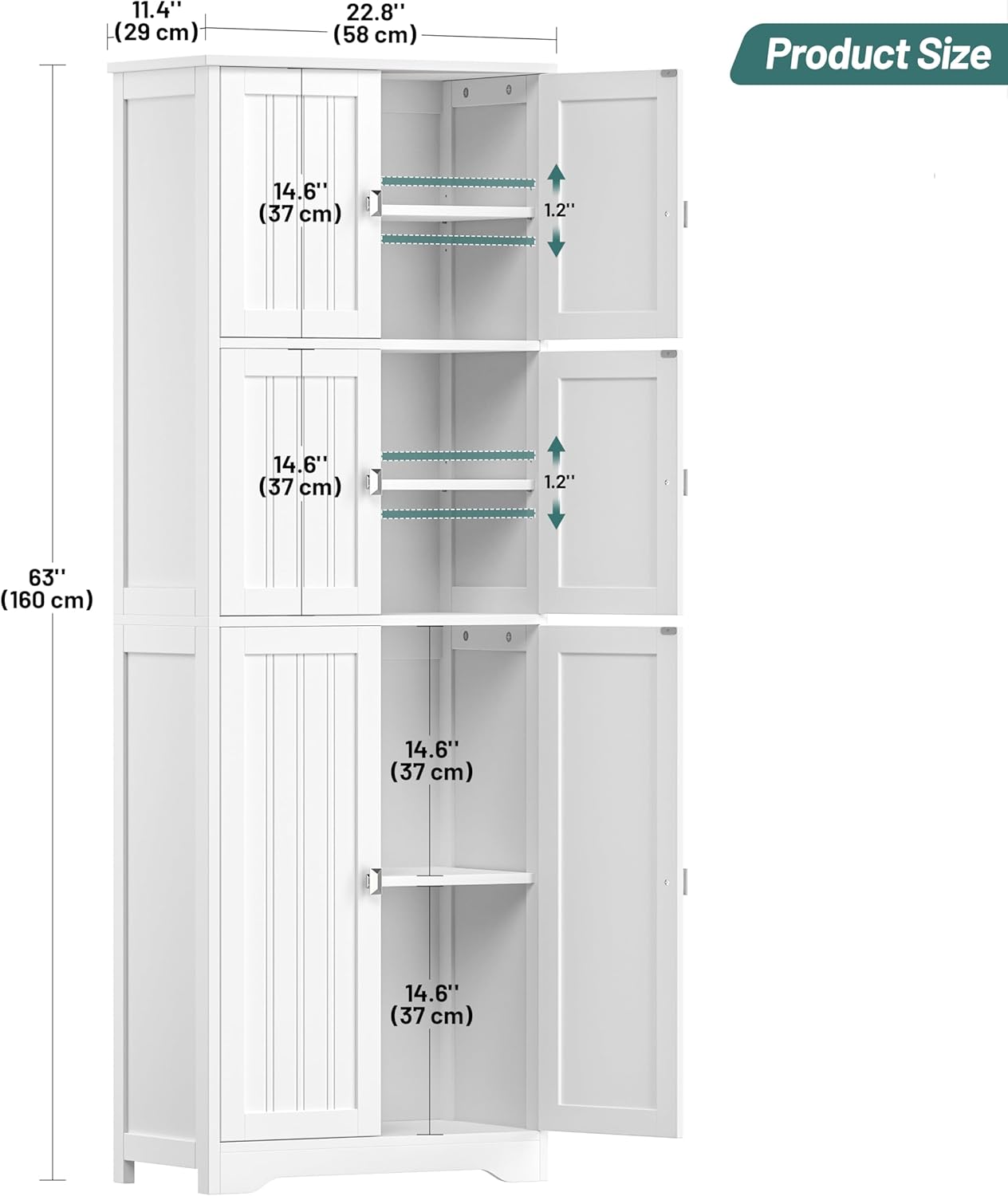 63" H Tall Bathroom Storage Cabinet, Linen Floor Cabinet with 6 Doors and Adjustable Shelves, Pantry Storage Cabinet for Bathroom, Living Room, Laundry Room, Kitchen, White
