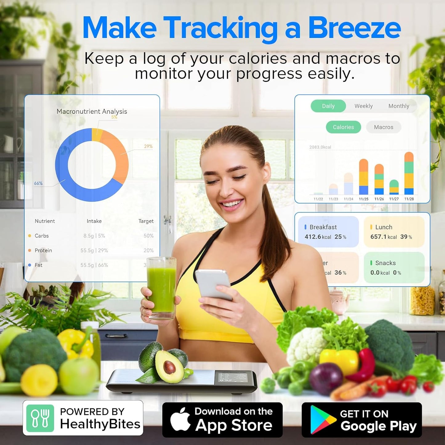 Smart Food Kitchen Scale with Nutritional Calculator, Free App with 19 Nutrients Tracking, Calorie, Marco, Digital Weight Grams and Ounces for Weight Loss, Premium Stainless Steel, 22lb