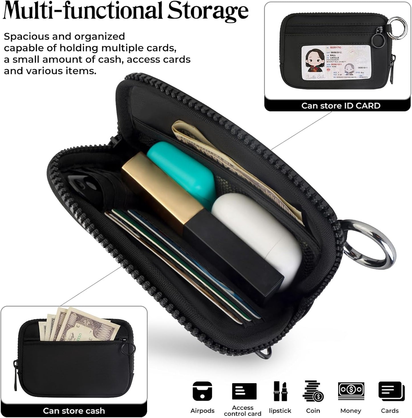 KeyChain Wallet Wristlet Wallets For Women Iris Wallet Zip Card Case with ID Window (black)