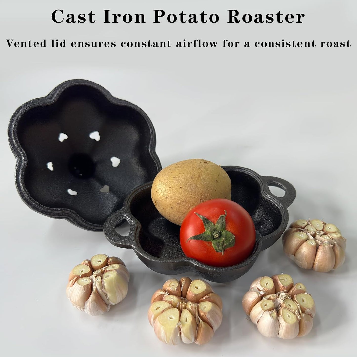 Cast Iron Smoker Roaster & Garlic Roster Baker, Smoker Box, Pre-Seasoned Cast Iron Garlic Roaster for Grill, Perfect for BBQ and Oven, for Smoky, Flavorful Vegetables, Meats or Wood Chips