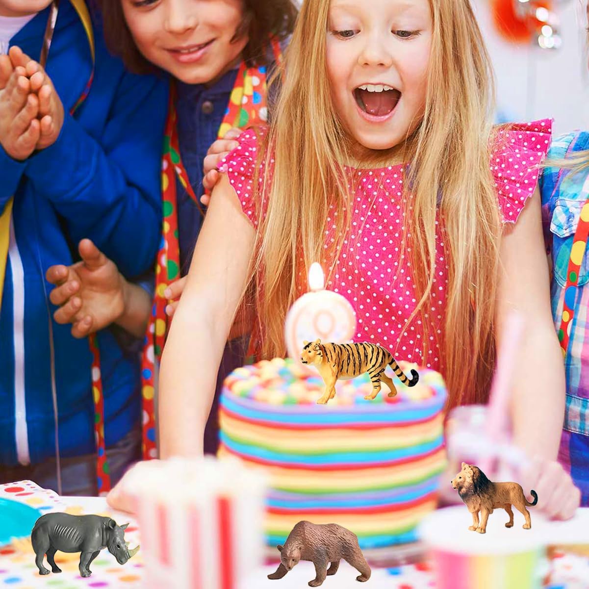 RUSON 12 Safari Animals Figures Toys with 12 Flash Cards, Realistic Mini Jungle Animal Figurines Cake Topper Party Supplies Montessori Animal Matching Game for Toddler Kids