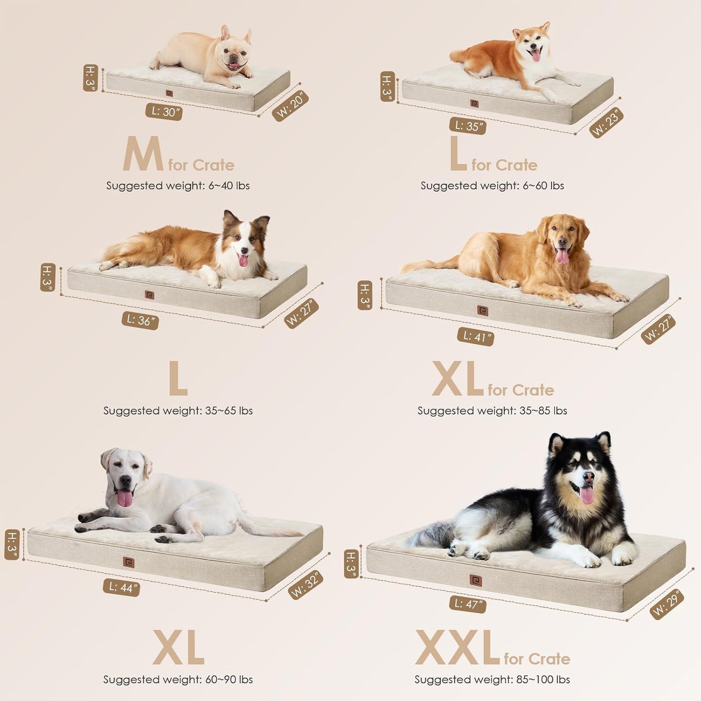 EHEYCIGA Waterproof Dog Bed Orthopedic 30"x20", Memory Foam Pet Bed for Medium Dogs, Washable Pet Mat with Removable Cover, Beige