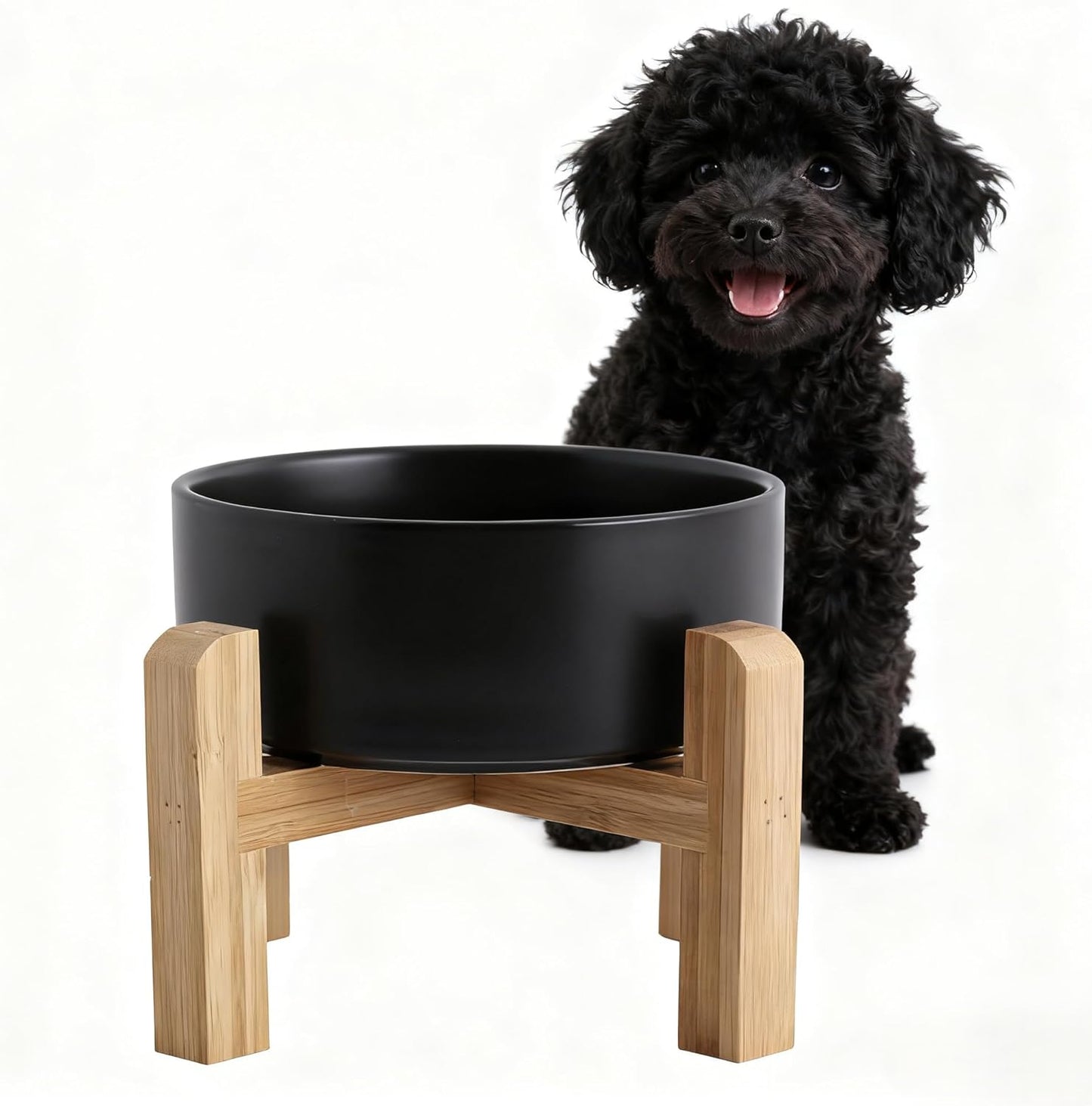 Elevated/Raised Ceramic Dog Bowl with Bamboo Stand，6 Inch 3.6 Cups Non Slip Heavy Weighted Single Pet Dish, for Small Medium Breed & Cats,Reduces Neck Strain Black