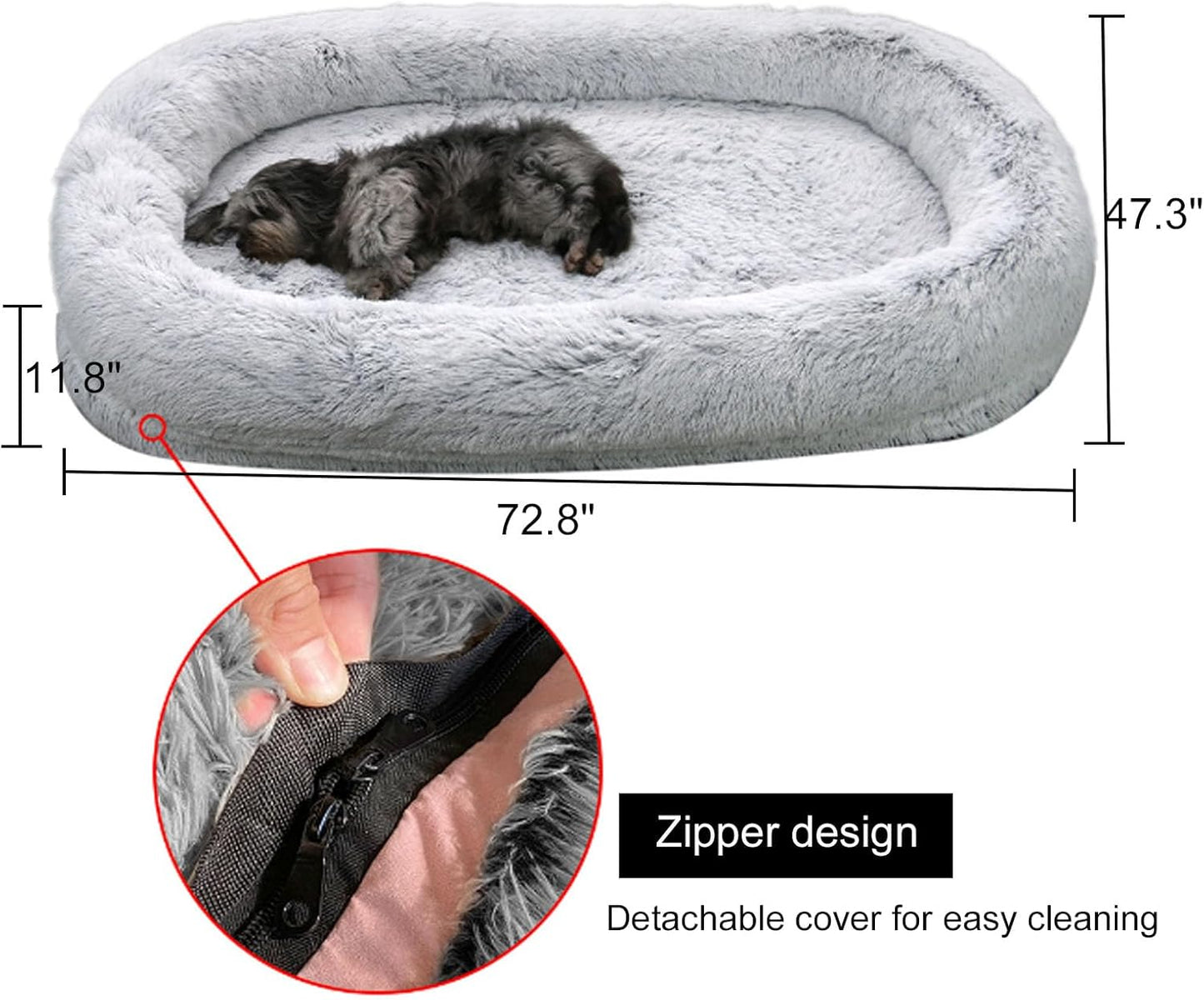 Human Dog Bed for People Adults and Pets, Large Dog Bed with Raised Cushioned Rim, Comfy Plush Large Bean Bag, Removable Cover, Washable Fluffy Floor Bed, Grey