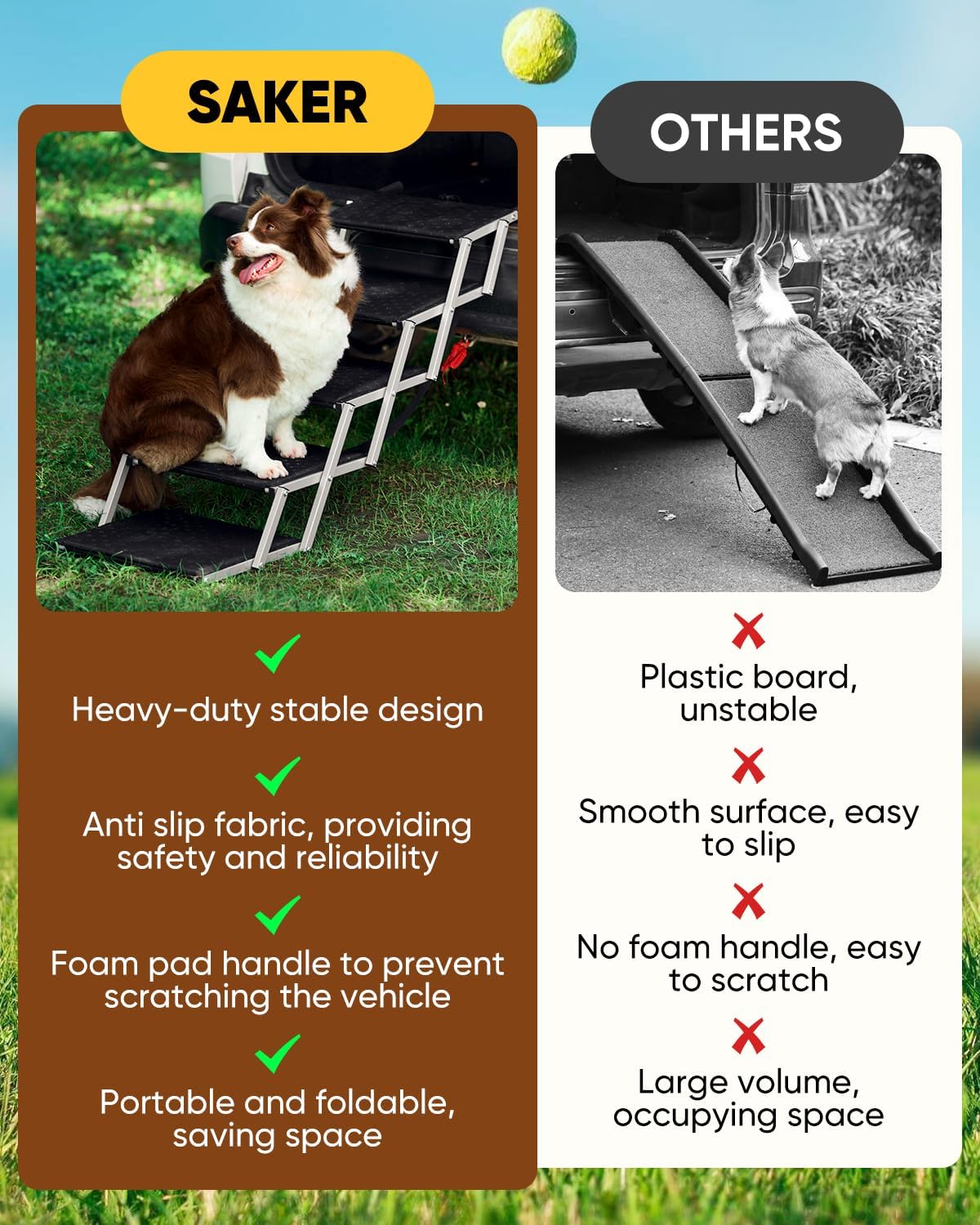 Saker Foldable Dog Ramp for Cars, SUVs, Trucks, Portable Pet Dog Stairs with Non-Slip Surface & Reinforced Design, Lightweight Yet Sturdy Supports Up to 200lbs (Extra Wide-5 Pet Steps)