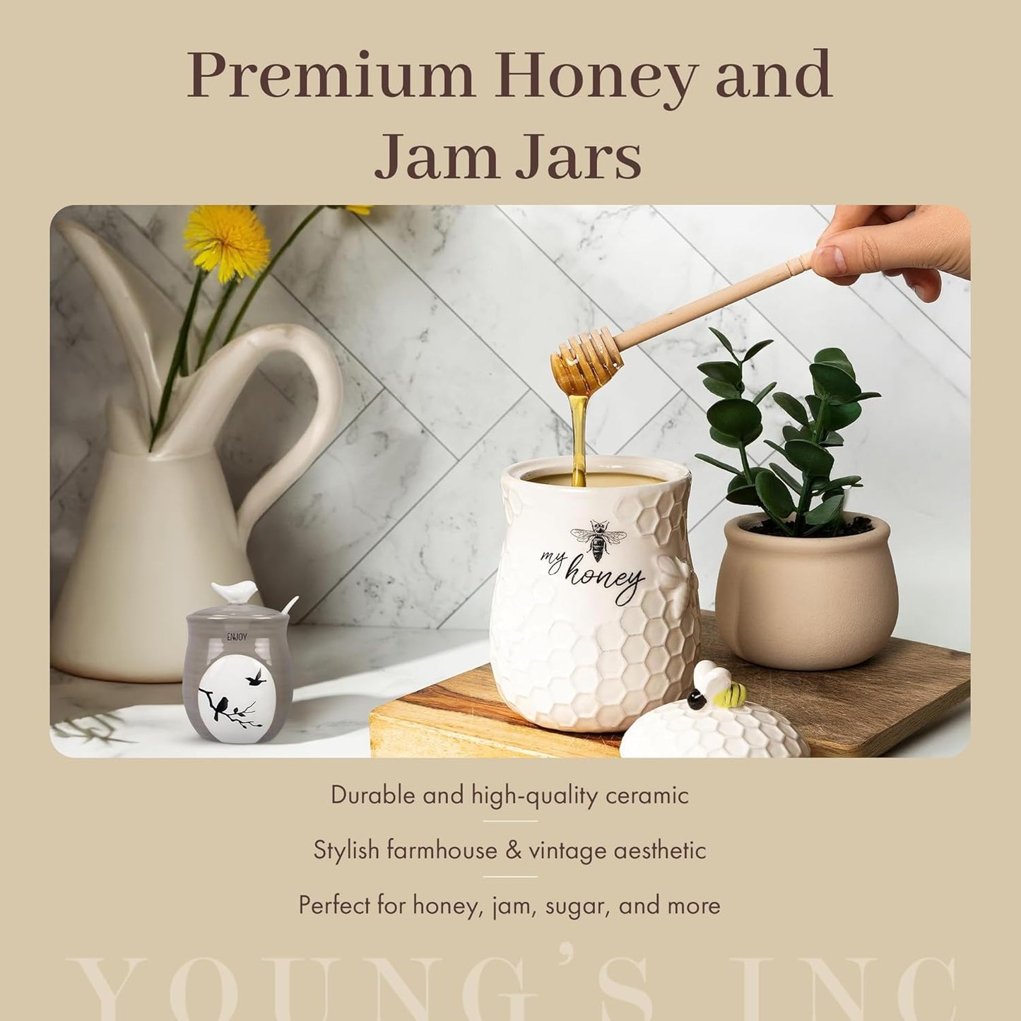 Young's Inc. Ceramic Honey Jar with Lid and Wooden Honey Dipper - Farmhouse Kitchen Decor - Tea Accessories