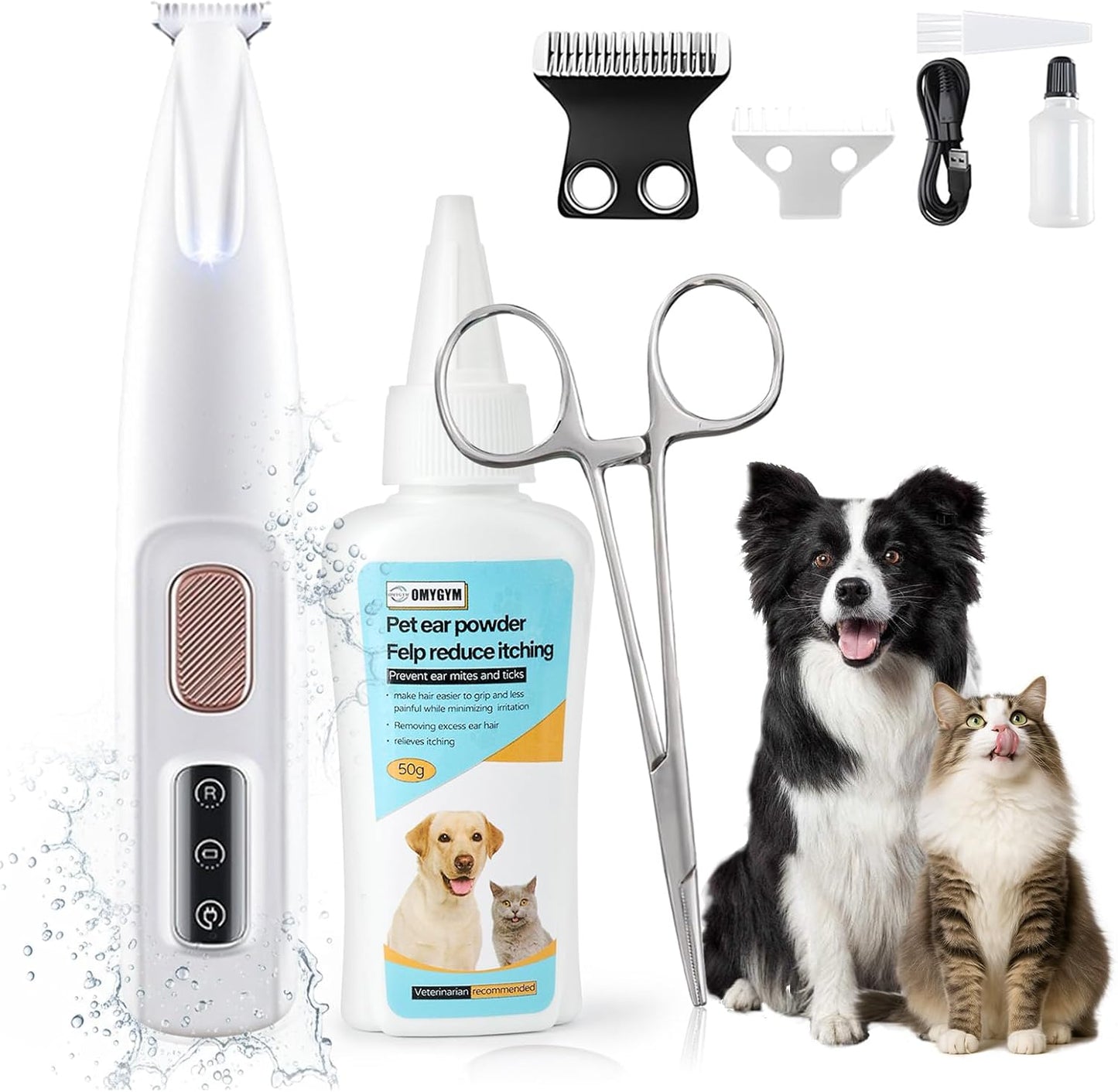 Dog Ear Powder Set, Dog Ear Hair Removal Tool 1.76oz/50g - 5 Inch Hemostat and Petour Paw Trimmer, Dog Ear Powder for Hair Removal - Dog Ear Plucking Tool