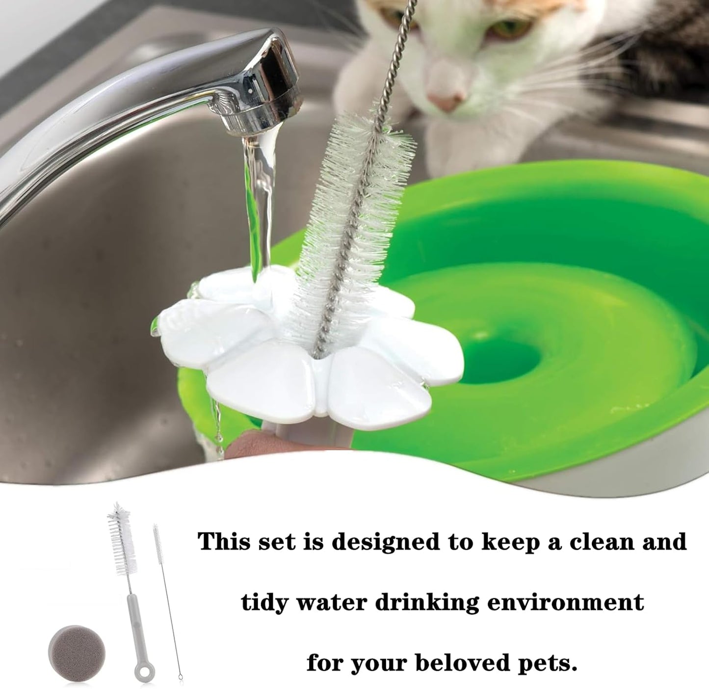 3 PCS Cat Water Fountain Cleaning Set Professional Cat Water Brush Pet Drinking Dispenser Cleaning Kit Cleaning Brushes Pet Fountain Cleaning Kit for Most Pet Water Dispensers(Brushes & Sponge)