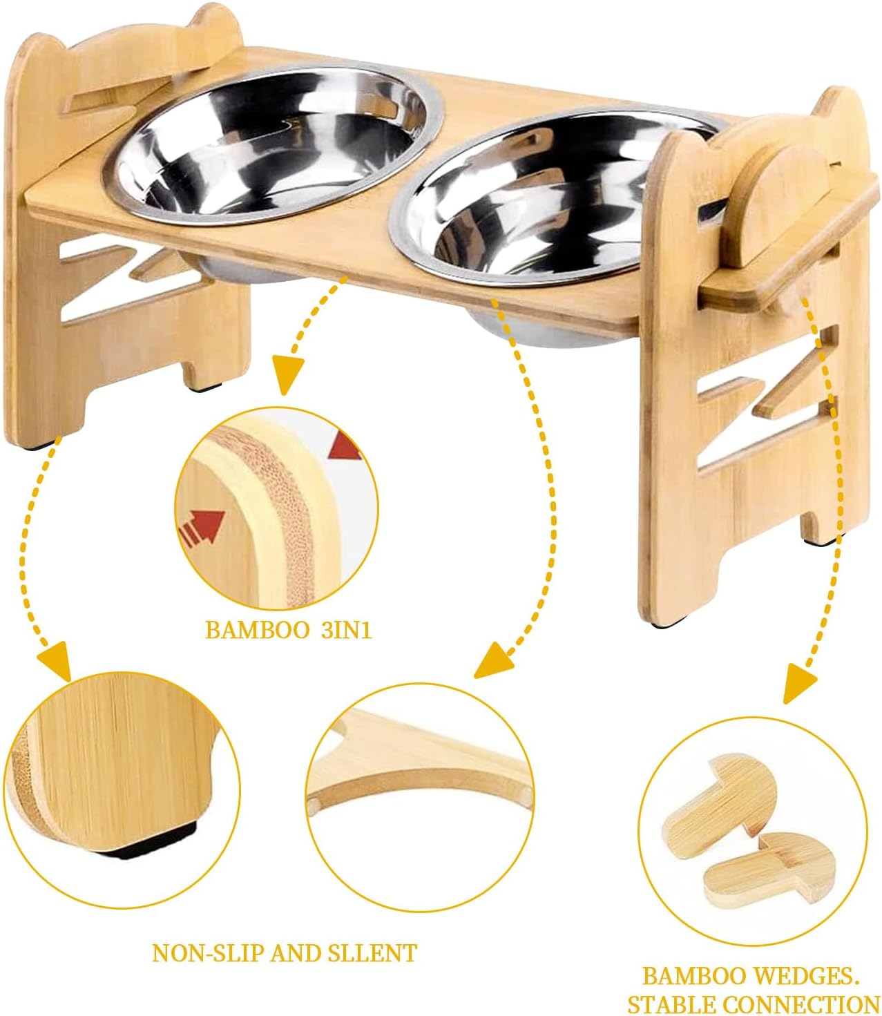 Elevated Dog Bowls, Adjustable Raised Tilted Food Water Bowl, Slanted Bamboo Pet Feeding Station with Stainless Steel Bowl for Small & Medium Dogs, Cat Kitten Flat Faced Puppy Feeder
