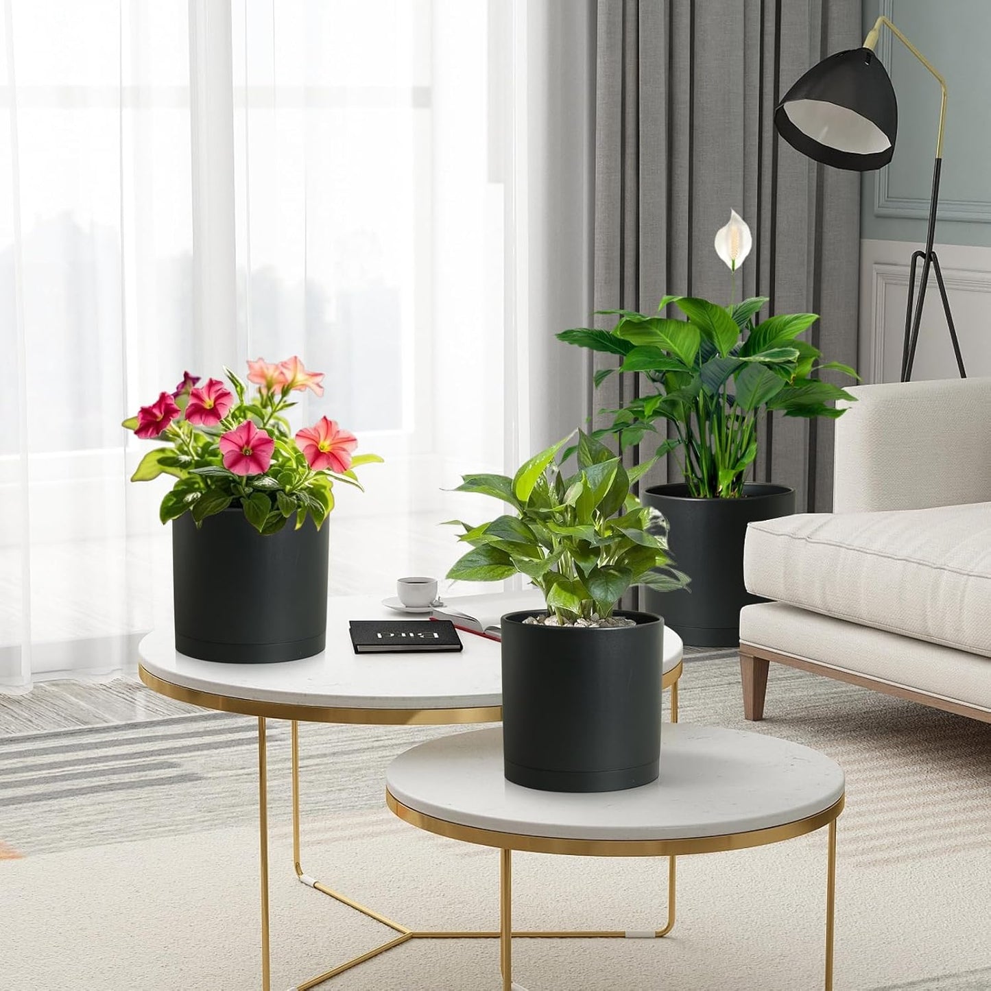 8/7/6 inch Plant Pots, 3 Set Cylinder Flower Pots for Outdoor Indoor Plants, Decorative Plastic Planters with Drainage Holes and Saucers for Garden House Plants, Black