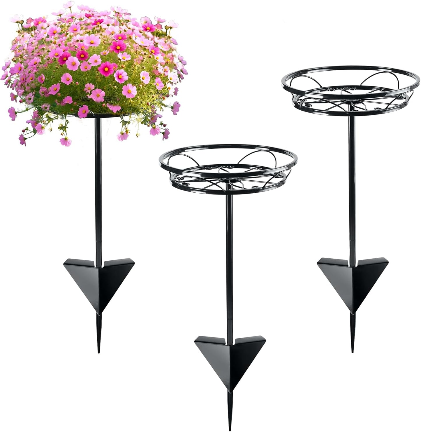 Tellingyou 3 Pack Adjustable Outdoor Flower Pot Stand, Metal Outdoor Plant Stands, Spring Summer Versatile Plant Stand Garden Stake for Display Plants, Elegant Solution for Landscaping Decor (Black)