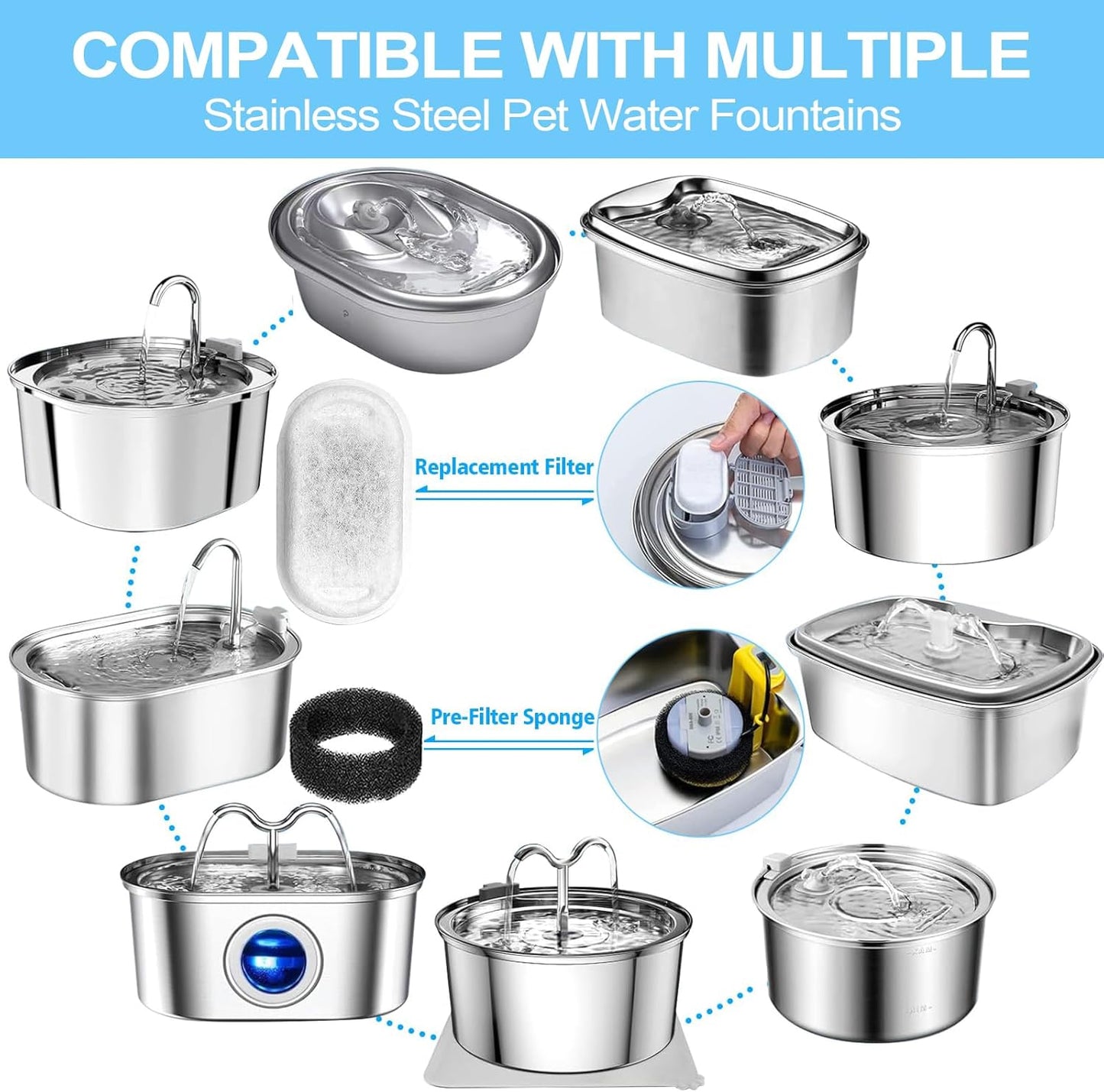 Cat Water Fountain Filter for Stainless Steel 108oz/3.2L& 67oz/2L Automatic Pet Water Dispenser Fountian Replacement Filter with Sponges