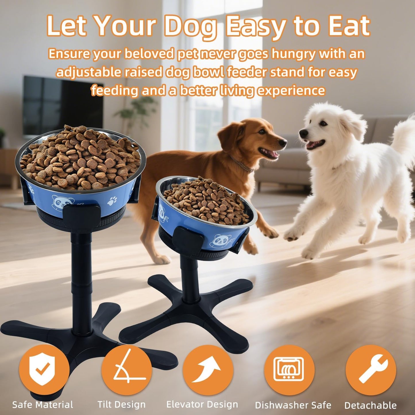 Elevated Dog Bowl, Raised Dog Bowls with 3 Heights & Tilted Feeding Design, Fits 14-24.5cm Bowls, Raised Stand for Large, Medium & Small Breed with Dogs Slow Feeder Bowl & Anti-Slip Mat