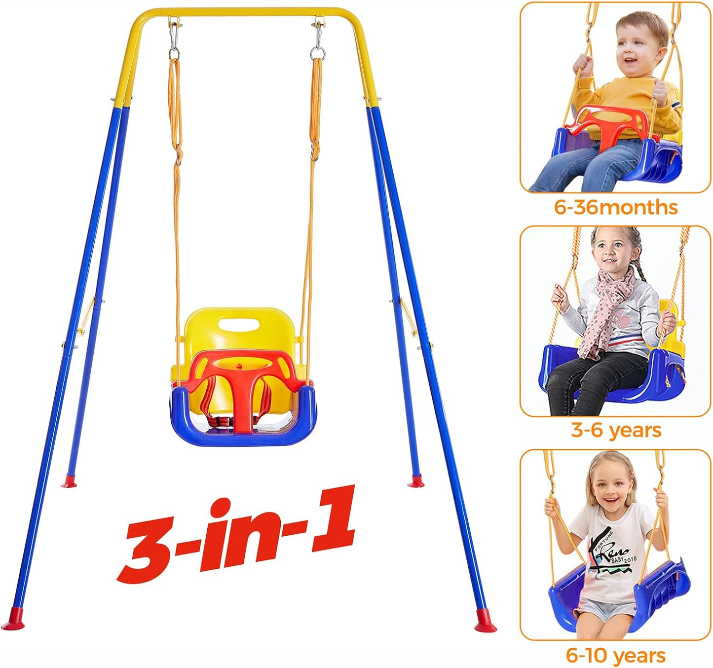 FUNLIO Toddler Swing with Foldable Metal Stand for Toddlers Aged 1~10 Years, 3-in-1 Baby Swing Set with 4 Sandbags for Backyard/Indoor/Outdoor Play, Easy to Assemble & Store