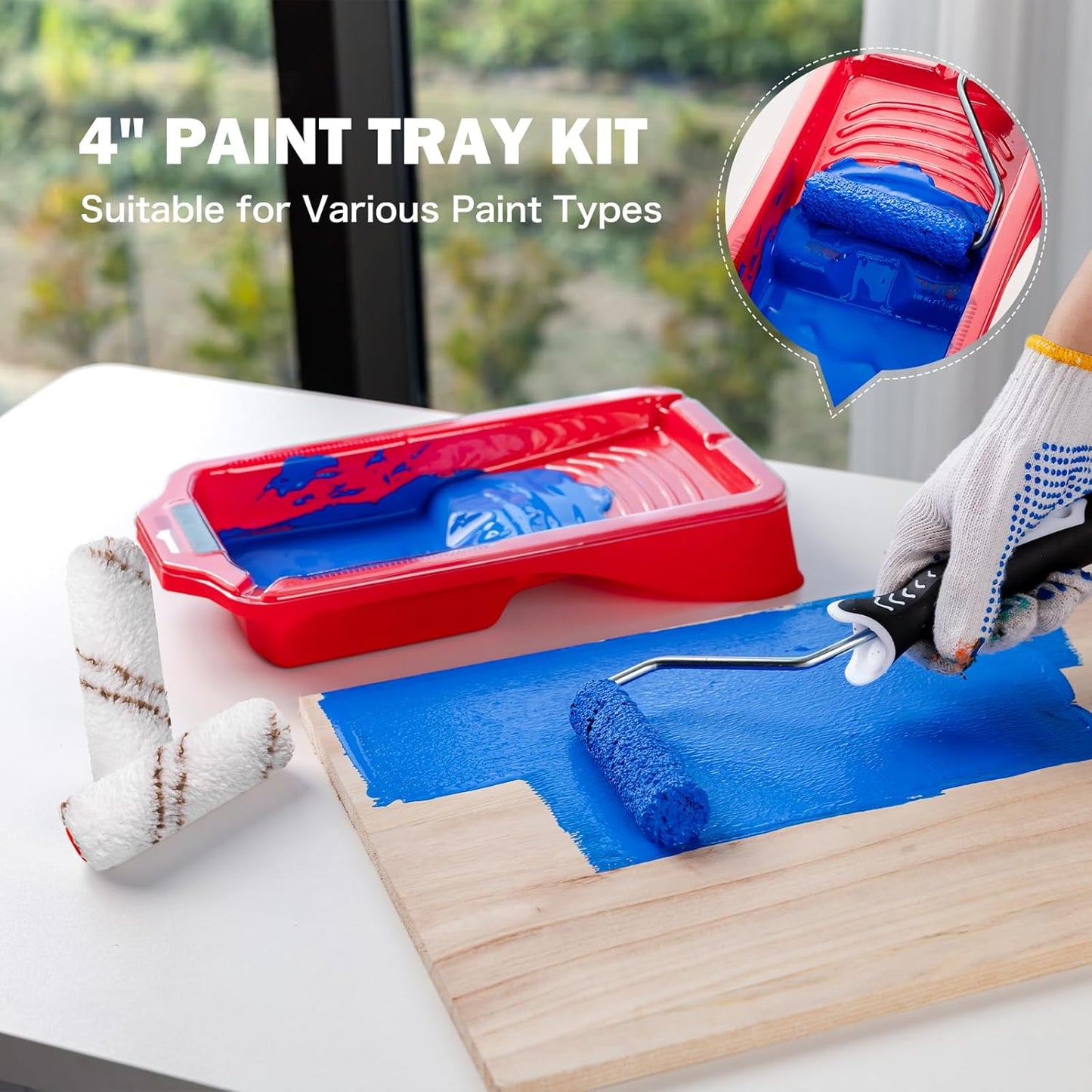 Mister Rui 4 Inch Paint Roller Kit, 12-Piece Mini Roller Set with 6 Microfiber Sleeves, Tray, Liner & Cover, Handle, 1.5" Angled Brush - for Walls, Cabinets, DIY & Pro Painting