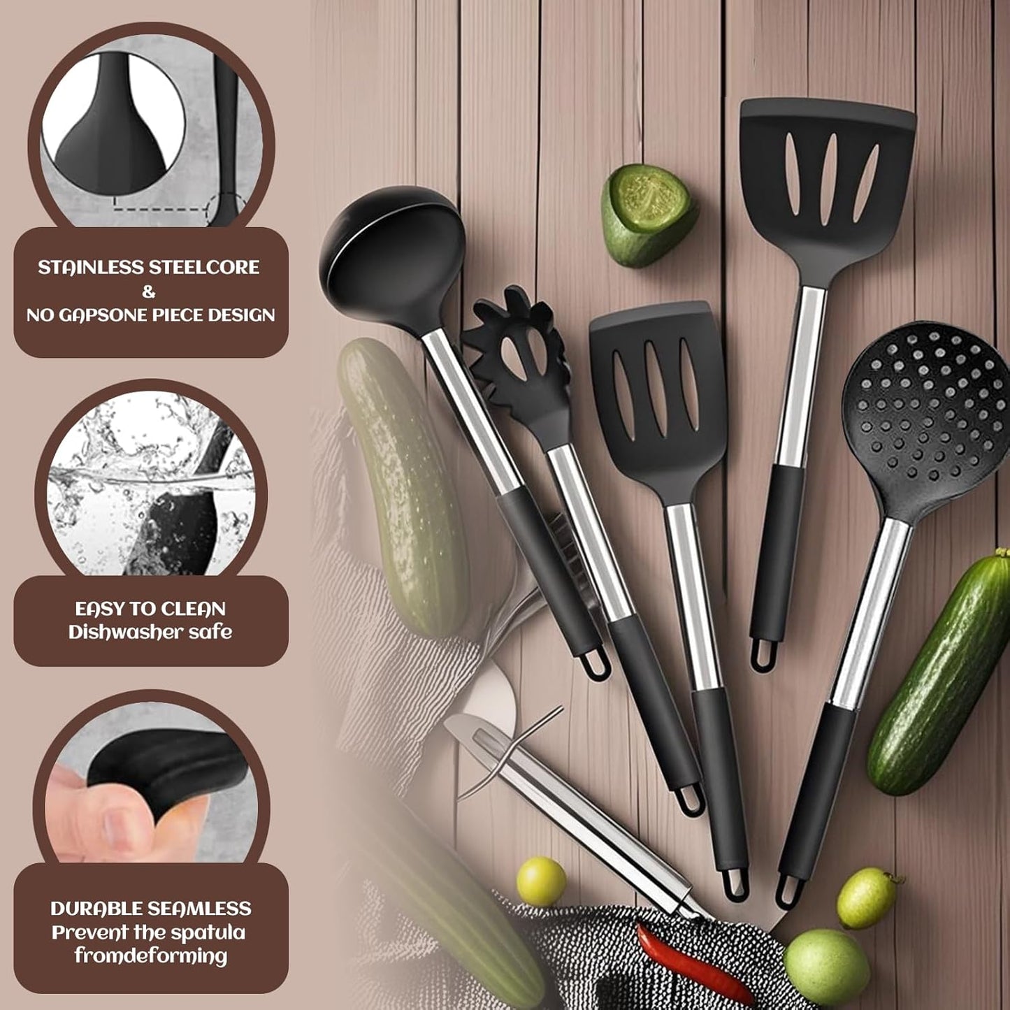 40 Pcs Kitchen Utensils Set Silicone Cooking, 446℉ Heat Resistance Stainless Steel Metal, Spaghetti Spoon Cookware Utensils, Rubber Tools Nonstick Kitchenware Can Dishwasher Safe